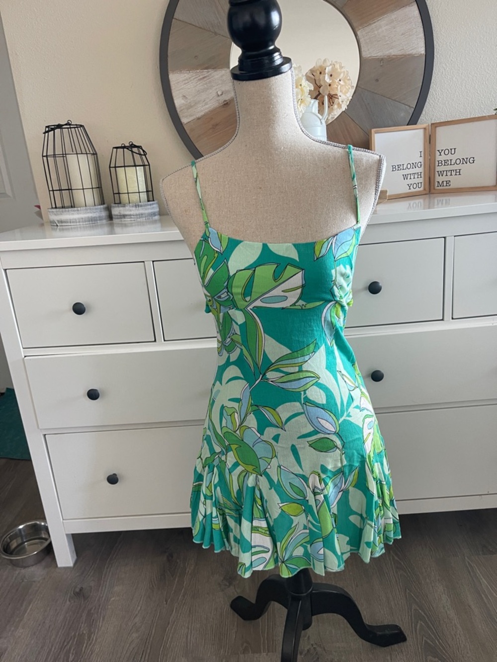 Floral Green Mini Dress with Spaghetti Straps